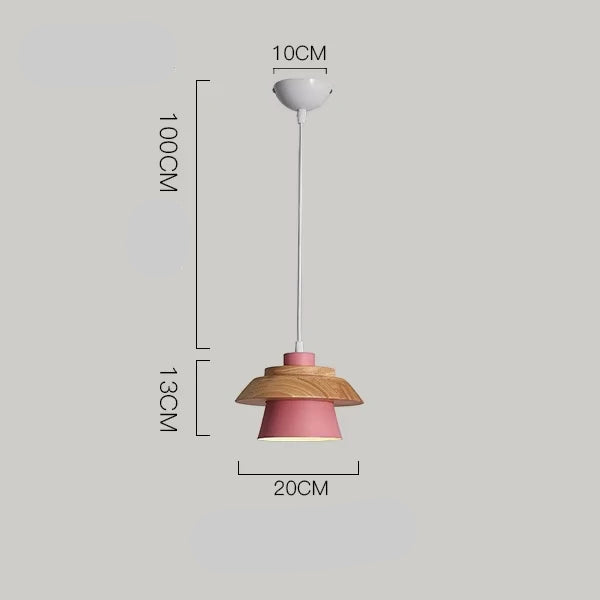 PINK Pendant light with dimensions on a gray background