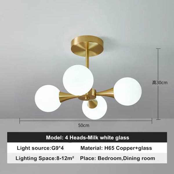 Modern Copper Glass Ball Chandelier showcasing four milk glass heads and brass detailing for contemporary lighting.