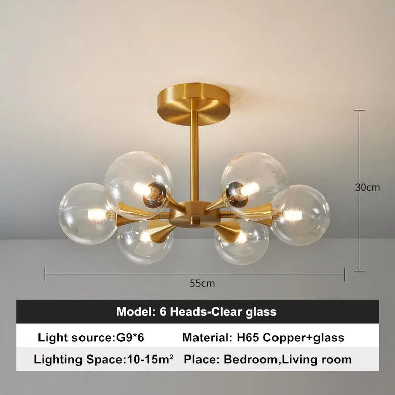 Modern Copper Glass Ball Chandelier featuring a unique design with six clear glass heads and a copper finish.