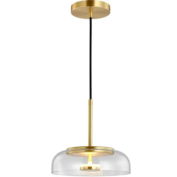 Retro 80s Transparent Large Pendant Lamp with gold accents and transparent glass shade.