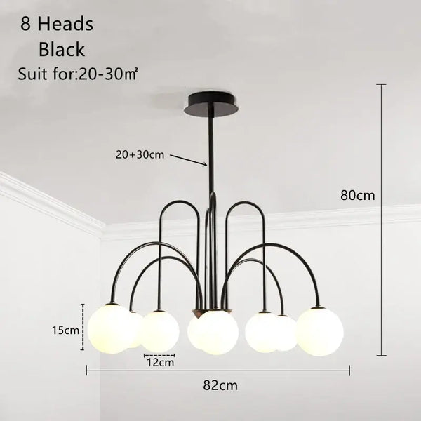 8 Heads Black Chandelier Suit for 20-30m² - Modern Ceiling Light with 8 Frosted Globes
