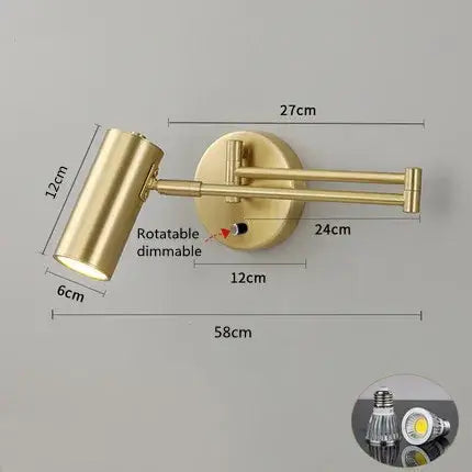 Vintage Loft Bedside Reading Light Fixture with a rotatable dimmable design and elegant gold finish.