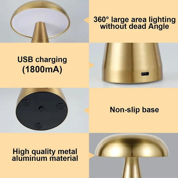 Touch Dimming Rechargeable USB Metallic Table Lamp features USB charging, non-slip base, aluminum material, and 360° lighting.