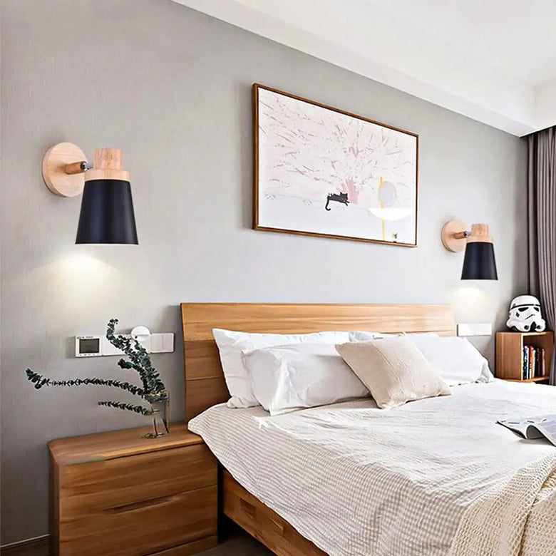 Collection of Modern Nordic Wooden Wall Lights illuminating a stylish bedroom with modern decor.