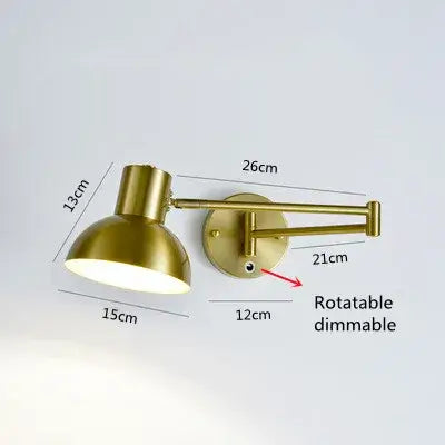Vintage Loft Bedside Reading Light Fixture with adjustable arm and dimmable shade, brass finish, ideal for bedside reading.