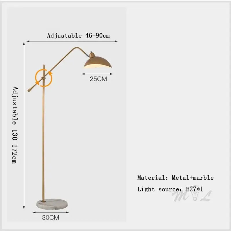 Marble Based 50s Floor Lamp - Vintage Modern Lighting with adjustable length and gold finish, perfect for elegant home decor.