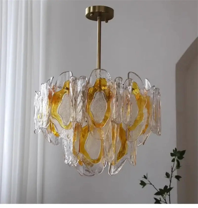 Vintage Amber Glass Chandelier – Russet Stained-Glass Ceiling Light