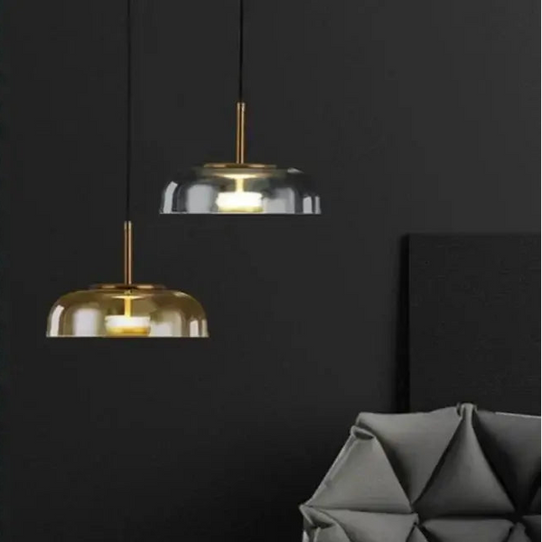 Retro 80s Transparent Large Pendant Lamp in a stylish modern living space with cozy warm light.