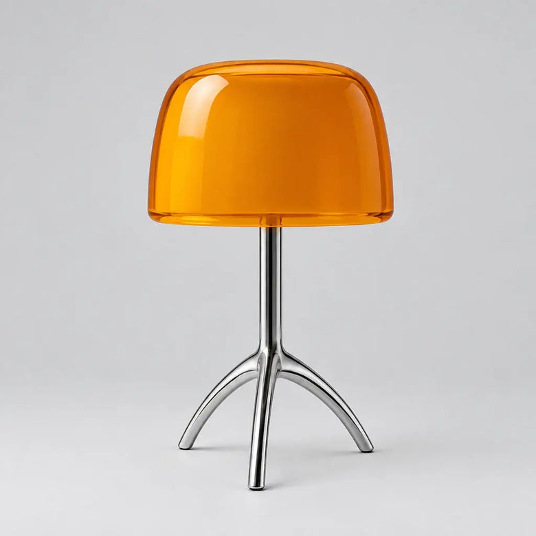 Hero - Orange Modern Glass table lamp with chrome tripod on Grey background