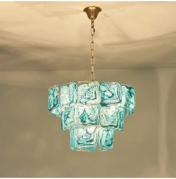 Blue Glass Chandelier with Polished Chrome Finish