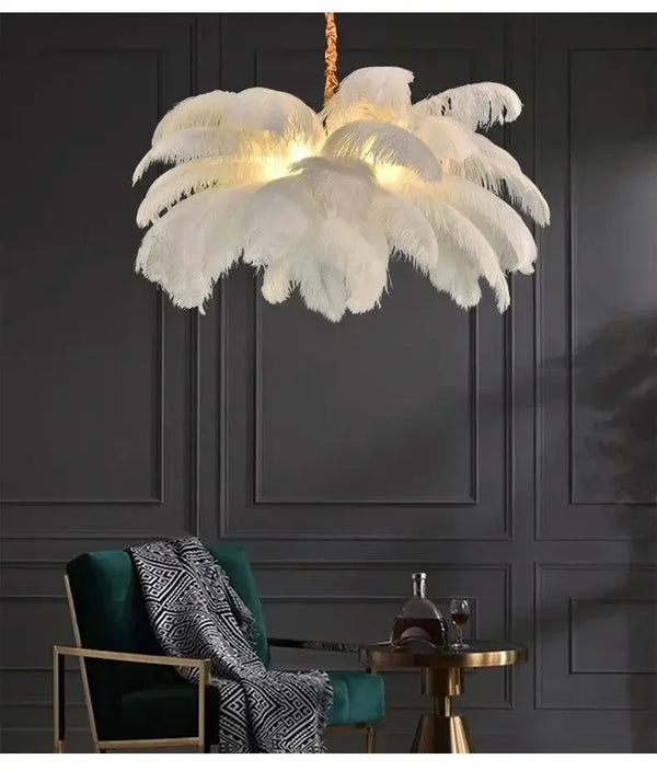 Nordic Feather Pendant Light – Art-Inspired Modern Ceiling Chandelier illuminating a stylish interior with white feathers.