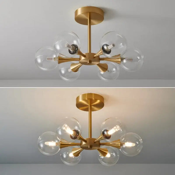 Modern Copper Glass Ball Chandelier with trumpet-like arms and frosted glass shades for warm ambiance