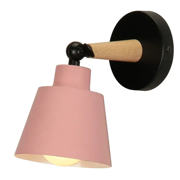 Nordic Solid Wood Bedroom Wall Lamp featuring a pink shade and sleek black iron finish for modern decor.