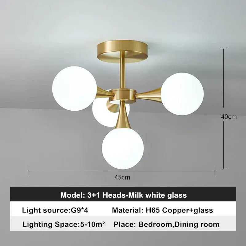 Modern Copper Glass Ball Chandelier with trumpet-like arms and frosted glass shades; perfect for bedroom or dining room lighting.
