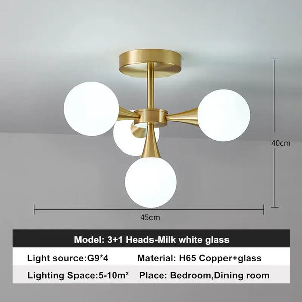 Modern Copper Glass Ball Chandelier showcasing unique design with white glass shades, perfect for bedrooms and dining rooms.