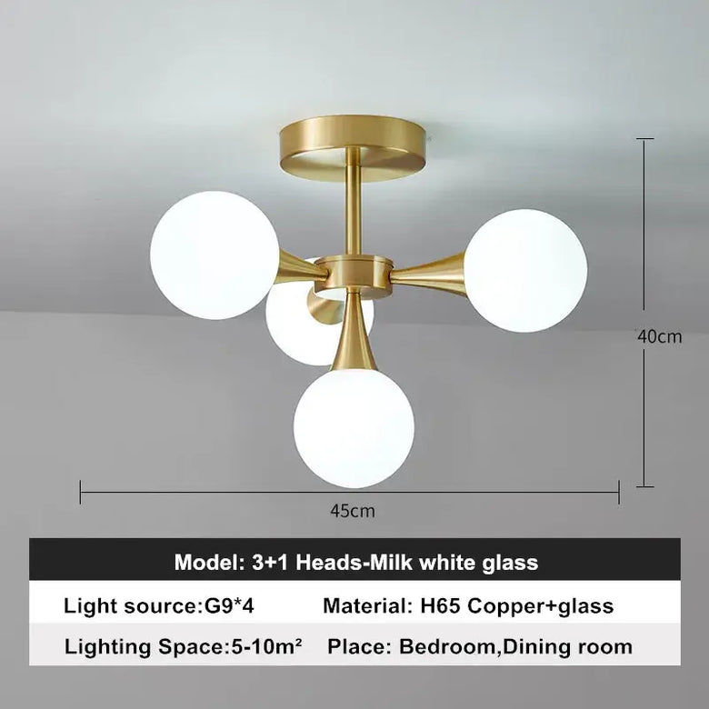 Modern Copper Glass Ball Chandelier showcasing unique design with white glass shades, perfect for bedrooms and dining rooms.
