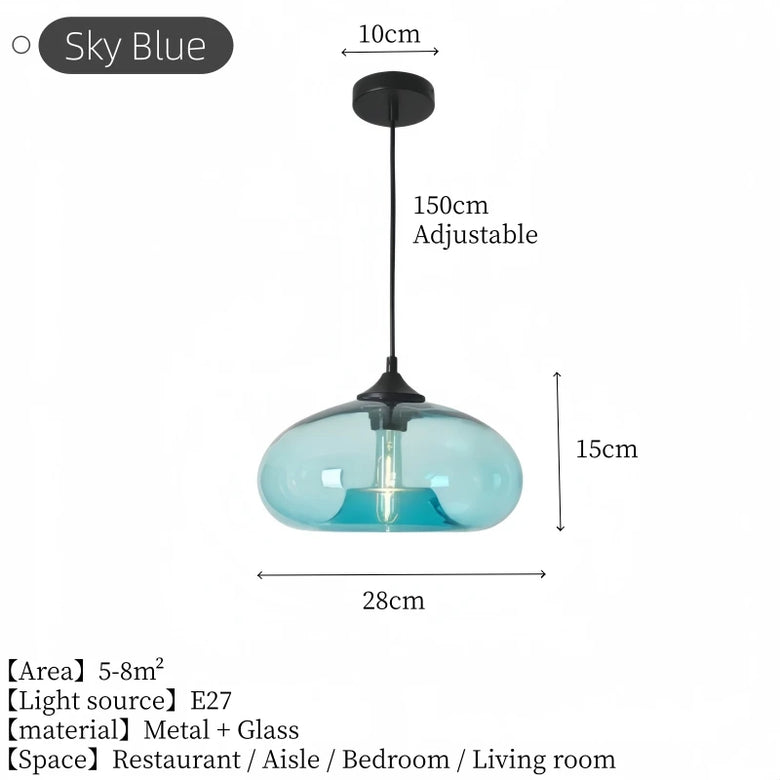 Sky blue glass dome pendant light with dimensions, 28cm wide and 15cm high