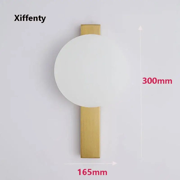 Minimalist Nordic Wall Lamp with Frosted White Ball on a sleek gold base, dimensions 300mm x 165mm.
