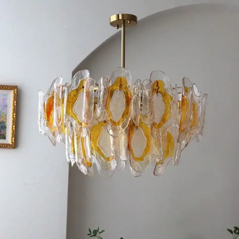 Vintage Amber Glass Chandelier – Russet Stained Glass Ceiling Light