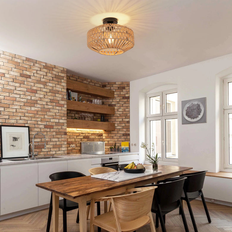 Hand-Woven Rattan Ceiling Light with Metal Base