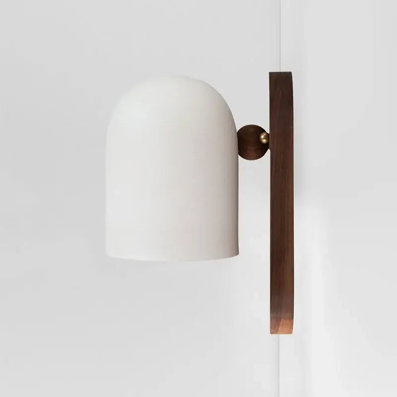 Elegant Walnut Wood and Iron Wall Lamp with a white shade, perfect for modern Wabi-Sabi decor.