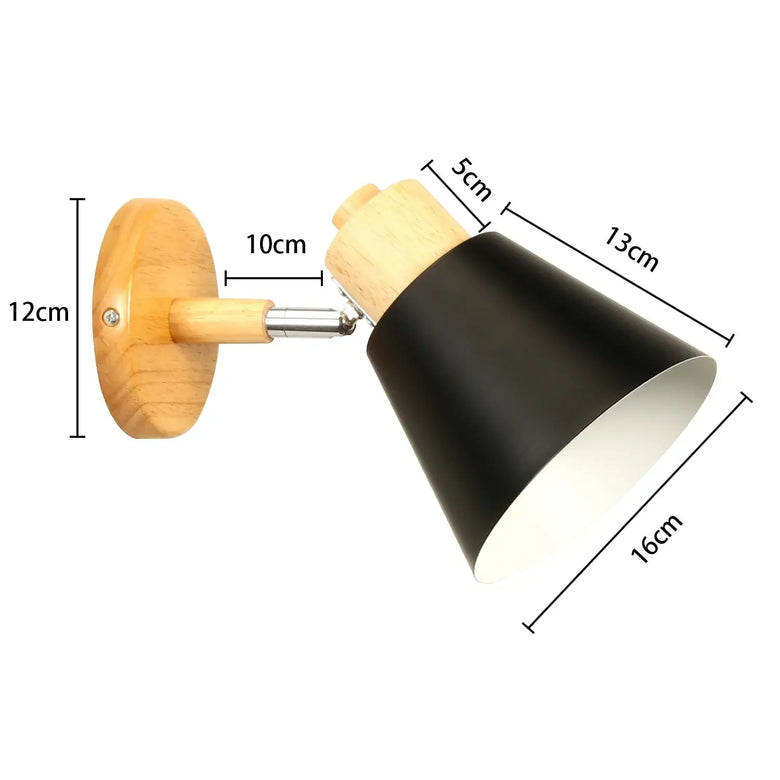 Collection of Modern Nordic Wooden Wall Lights featuring a sleek black shade and wooden mount, dimensions included.