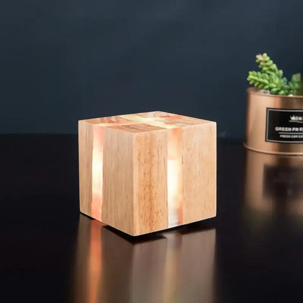 Natural Wood Wall Lights showcasing unique solid wood design with glowing resin accents on a dark surface.