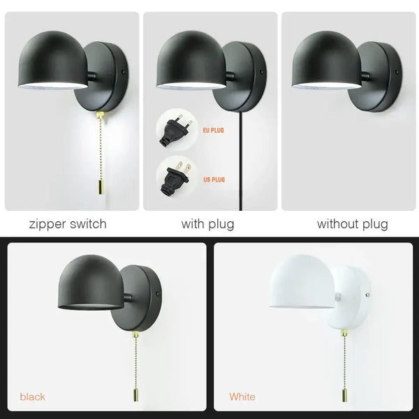 Semi-Sphere Switch or Plug Wall Lights in black and white with zipper switch and plug options.
