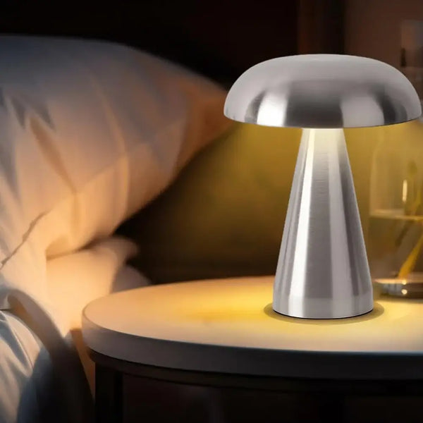 Touch Dimming Rechargeable USB Metallic Table Lamp on a nightstand with soft lighting.