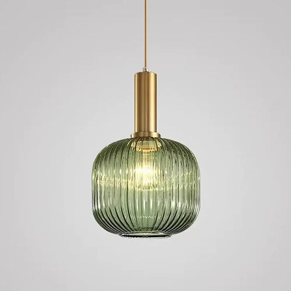 Pendant Light: Modern Nordic Glass Hanging Lighting Fixtures in green ribbed glass with gold fitting.