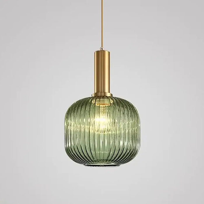 Pendant Light: Modern Nordic Glass Hanging Lighting Fixtures in green ribbed glass with gold fitting.