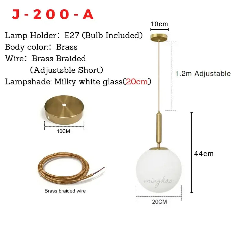 Mid-Century Modern Glass Ball Pendant Light with brass holder and milky white glass shade, adjustable height.