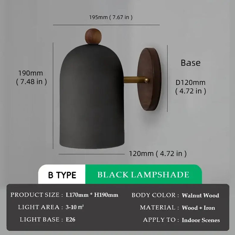 Walnut Wood and Iron Wall Lamp with black lampshade and elegant design for modern interiors.