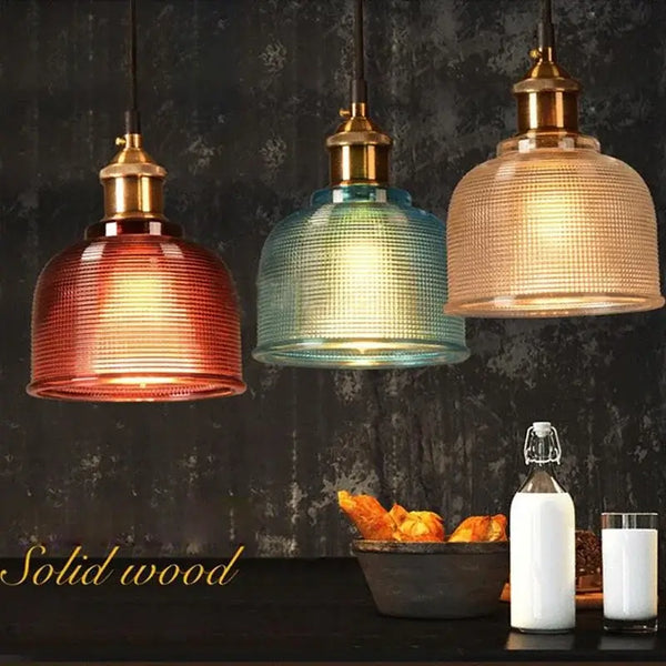 Illuminate Your Space: Stained Glass Retro Glass Chandelier with three colored glass shades and solid wood base.
