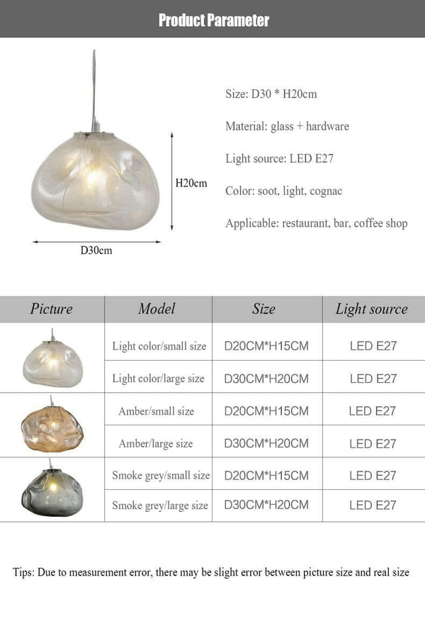 Nordic Cloud Glass Pendant Light – Smoky Grey Designer LED Chandelier product details including size and application