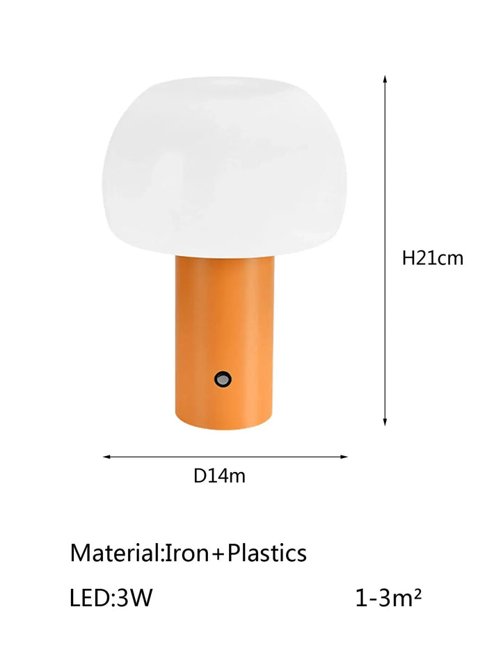 Modern Mushroom LED Table Lamp – Rechargeable & Portable Light dimensions, made of iron and plastics with orange base.