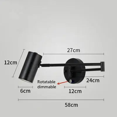 Vintage Loft Bedside Reading Light Fixture dimensions showing rotatable dimmable features and sleek design.