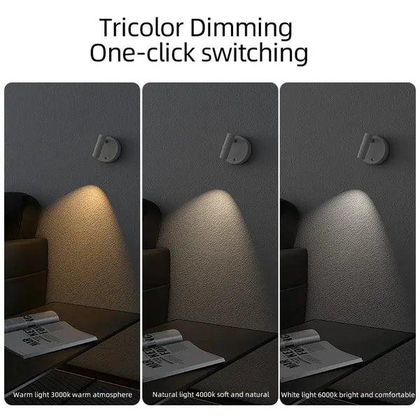 USB Recharge Wall Mounted Spotlight showcasing tricolor dimming with warm, natural, and white light settings.