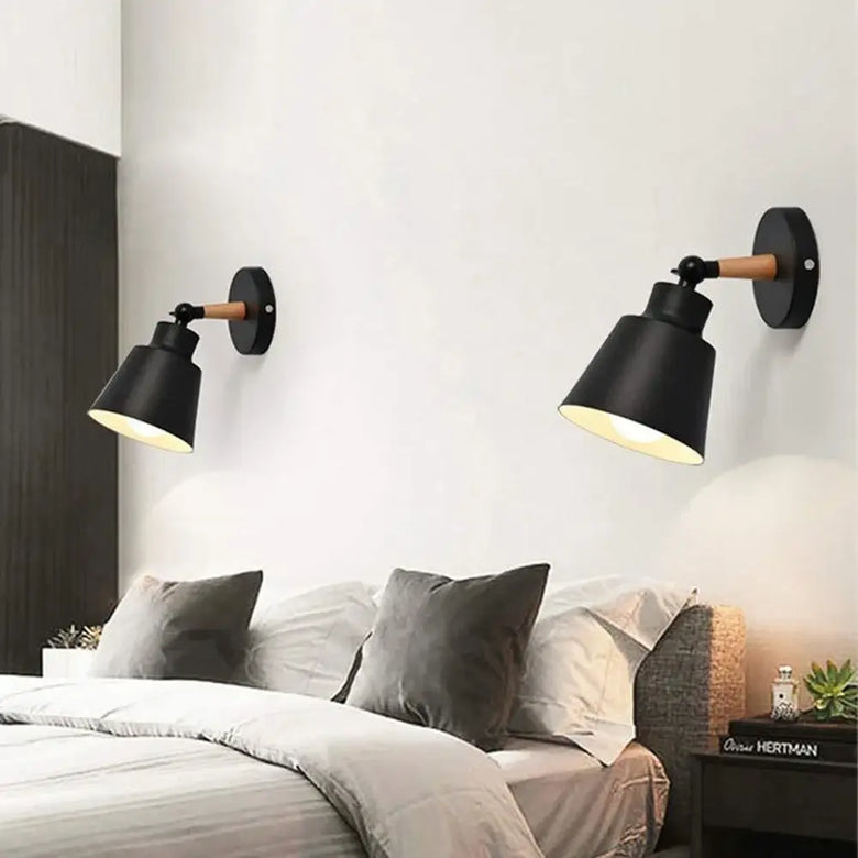 Collection of Modern Nordic Wooden Wall Lights featuring sleek black and wooden design, ideal for bedroom ambiance.