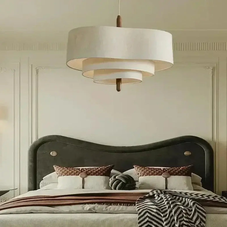 Elegant Linen Fabric Chandelier over a stylish modern bedroom with a cozy bed and elegant decor.