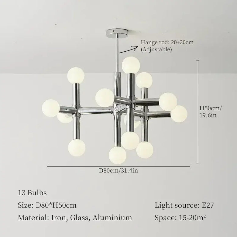 Bauhaus Chrome Chandelier – Modern 10/13 Globe Pendant Light with 13 bulbs and geometric design for contemporary interiors.