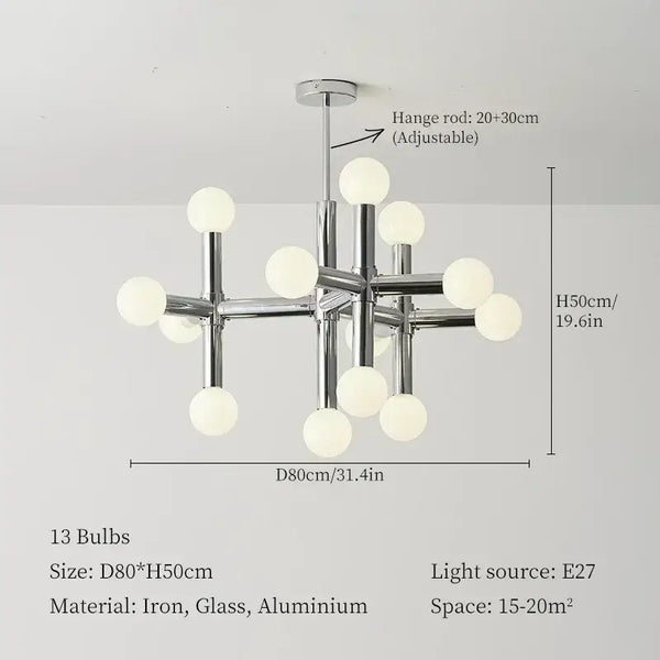 Bauhaus Chrome Chandelier – Modern 10/13 Globe Pendant Light with 13 bulbs and geometric design for contemporary interiors.