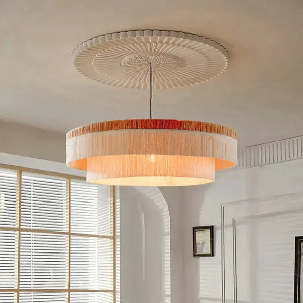 French Retro Grand Fringe Pendant Light – 80cm Vintage Beige Statement Chandelier in a stylish interior setting.