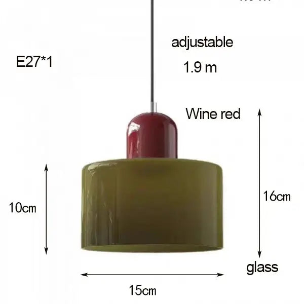 Colourful Glass Pendant (15cm x 16cm) in adjustable wine red design with sleek glass shade and dimensions.