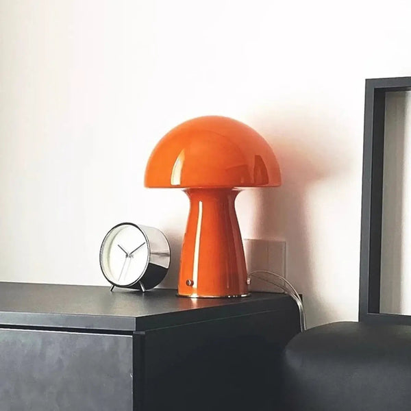 Nordic Mushroom Table Lamp – Retro-Inspired Glass & Iron Mood Light in vibrant orange color.
