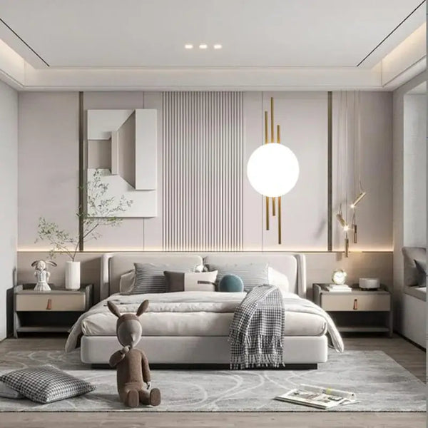 Modern Simple Art Deco Revival Wall Lamp illuminating a stylish bedroom with contemporary decor and cozy furnishings.