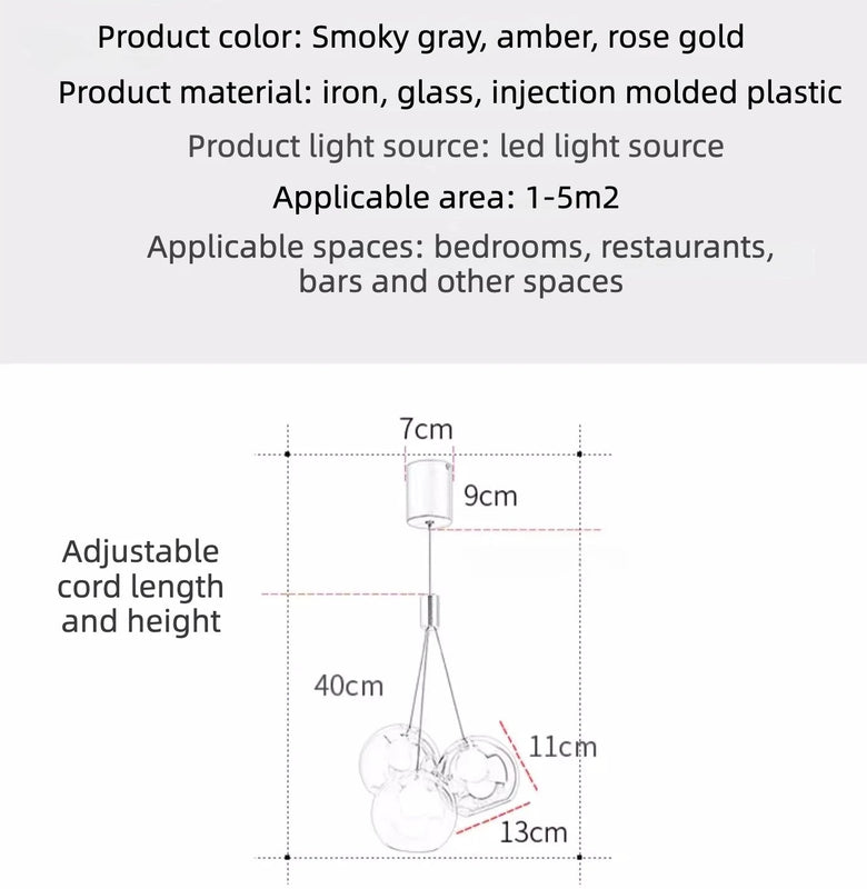 Product details graphic for a chandelier, showing text specifications and a line drawing with dimensions of the hanging cord and bulb socket.
