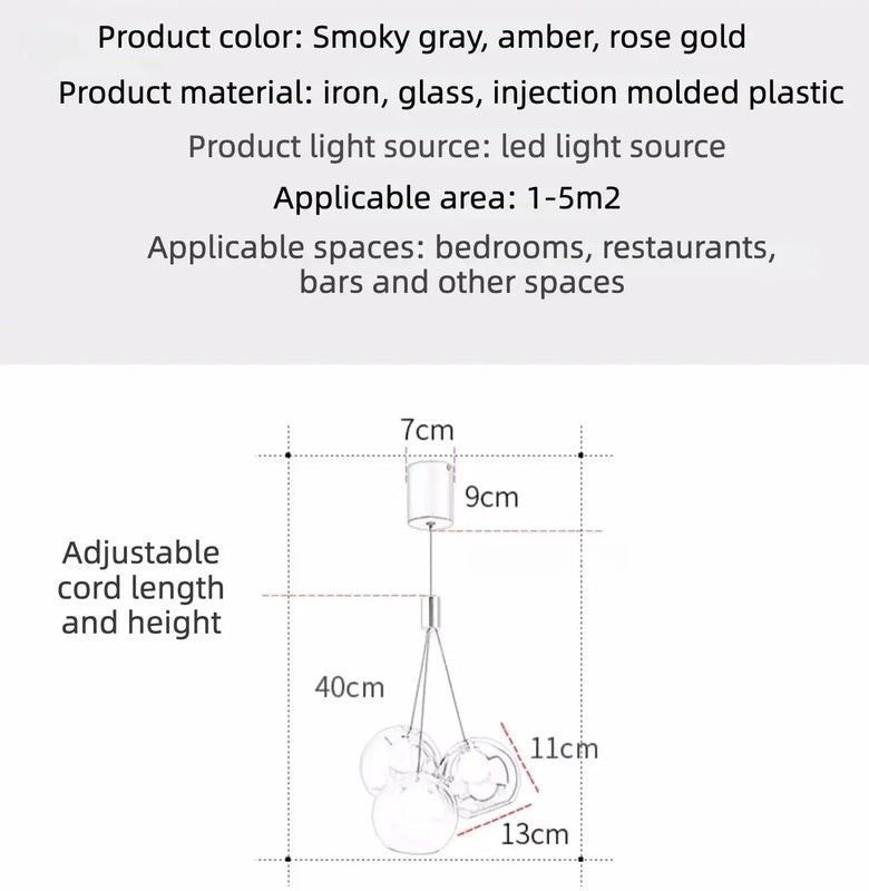 Product details graphic for a chandelier, showing text specifications and a line drawing with dimensions of the hanging cord and bulb socket.