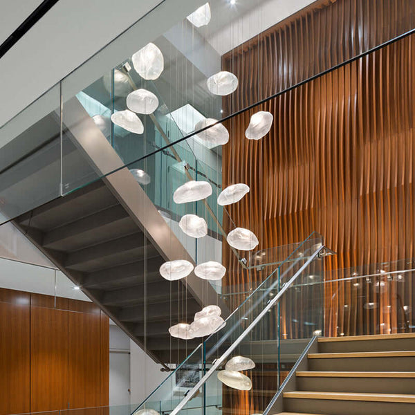 Nordic Cloud Glass Pendant Light – Smoky Grey Designer LED Chandelier illuminating a modern staircase.