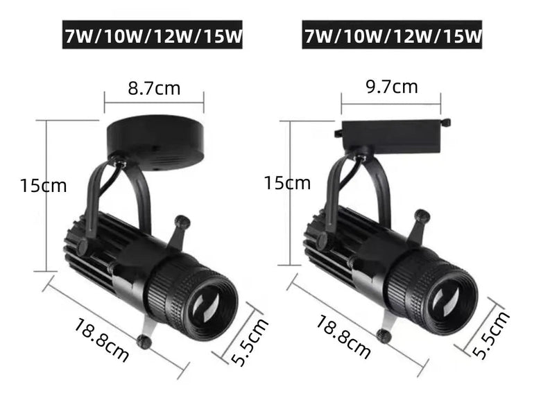 Black adjustable spotlight fixture shown twice with dimension labels and measurements in centimeters on a white background.